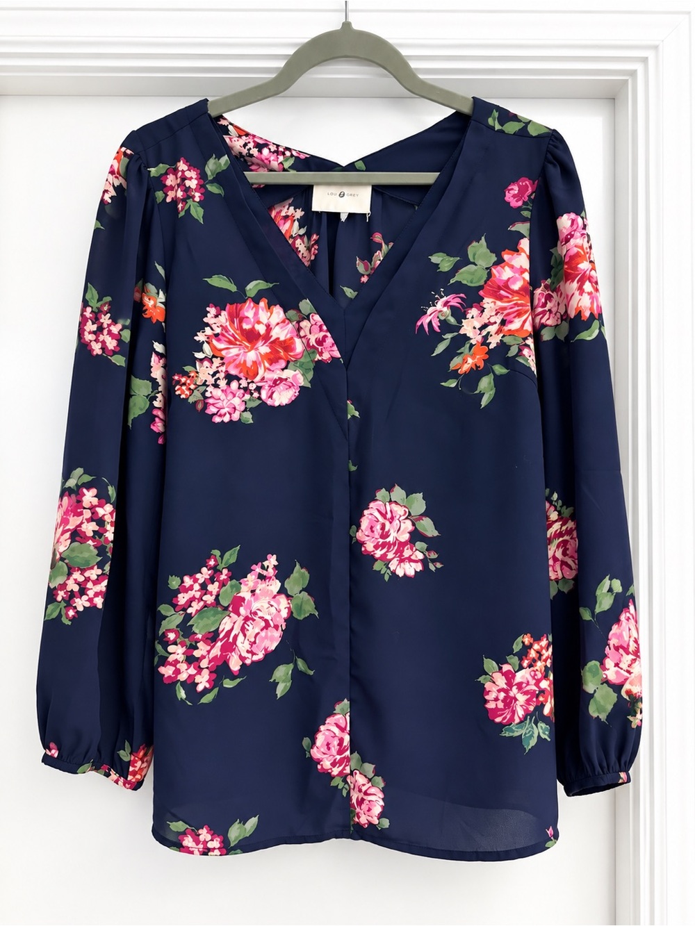 Skies Are Blue Navy V-Neck Blouse with Pink Floral Print